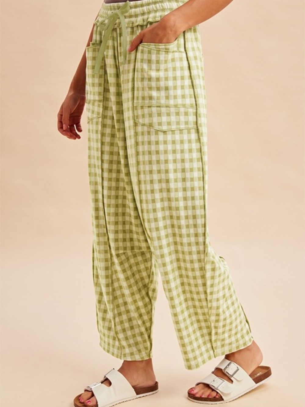 Soft Lime Gingham Barrel Fit Knit Pants